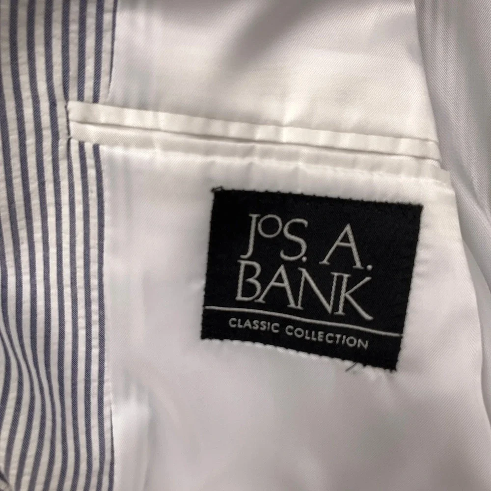 Jos A Bank Suit Mens 44R Blue White Seersucker 2-Pc Cotton